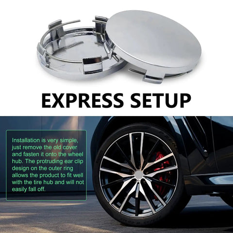 Set Of Four Sleek Silver Wheel Hub Center Caps With A Dead Snap Fit That Shuts Out Rain And Road Grit To Beat Rust On Those Exposed Bolts While Keeping Your Rim Setup Looking Fresh All Season Long, showing metallic finish and installation design.