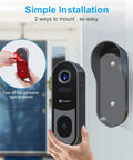 2K Wireless Video Doorbell Camera With Real Time Alerts 2 Way Audio Battery Powered Cloud And SD Storage Infrared Night Vision Up To 33 Feet Human Detection Wide 140 Degree Field Of View Works With Wireless Chime shown with simple installation guide on wall.
