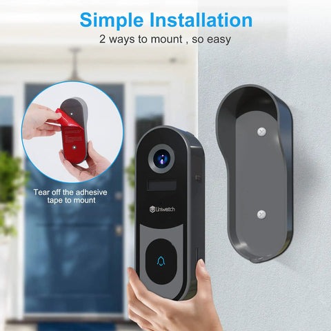 2K Wireless Video Doorbell Camera With Real Time Alerts 2 Way Audio Battery Powered Cloud And SD Storage Infrared Night Vision Up To 33 Feet Human Detection Wide 140 Degree Field Of View Works With Wireless Chime shown with simple installation guide on wall.