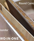 2-in-1 mini air chamfer tool for metal; dual-view shows chamfer edge and round-corner beveling.