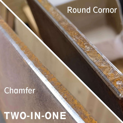 2-in-1 mini air chamfer tool for metal; dual-view shows chamfer edge and round-corner beveling.