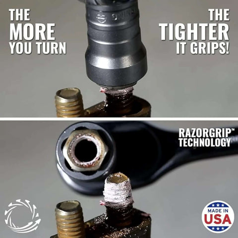 Impact-grade bolt extractor demonstrating the 13 Piece Bolt Extractor Set Made In USA With Three Eighths Inch Drive for stripped bolts.