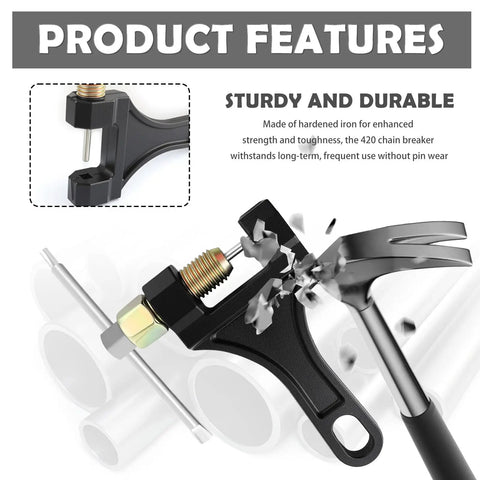 Sturdy Beefy Heavy Duty Motorcycle Chain Breaker Tool For 530 528 525 520 428 420 Chains, iron build close-up showing hardened iron and pin remover.