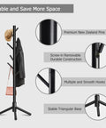 Freestanding Coat Rack With 8 Hooks And 3 Adjustable Heights, Space Saving Coat Tree in black with stable triangular base and smooth hooks.