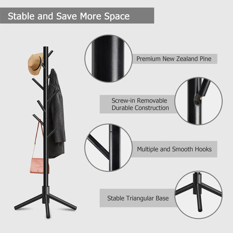 Freestanding Coat Rack With 8 Hooks And 3 Adjustable Heights, Space Saving Coat Tree in black with stable triangular base and smooth hooks.