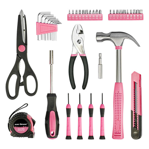 39 Piece Pink Household Tool Set With Storage Case For Home DIY Projects Includes Hammer Pliers Screwdrivers Tape Measure And More