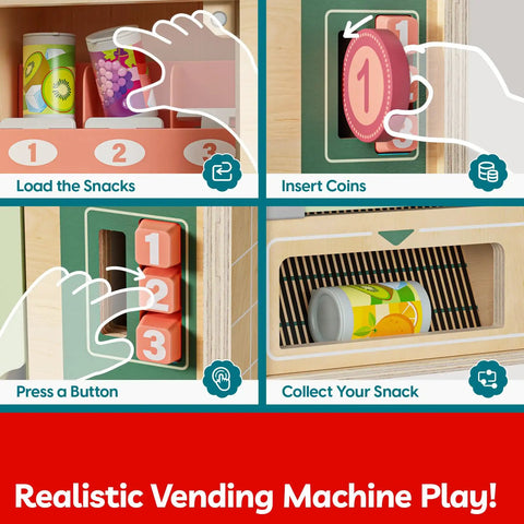 Steps showing Wooden Vending Machine Play Set For Kids Built For Realistic Pretend Shopping Fun With Snack Bars And Drink Cans.