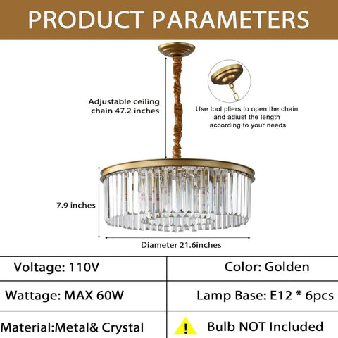 Gold Modern Crystal Chandelier Semi Flush Mount Ceiling Light Fixture 2 Tier K9 Crystal Hanging Pendant Light For Dining Room Kitchen Island Living Room Bedroom Hallway 21.6 Inch with adjustable chain and dimensions.