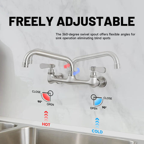 Wall Mount Kitchen Faucet For Utility Sink With 8 Inch Swivel Gooseneck Spout 8 Inch Center 2 Handle Pro Grade Heavy Duty Commercial Sink Faucet For Laundry And Restaurant Chrome Finish showing adjustable spout angles