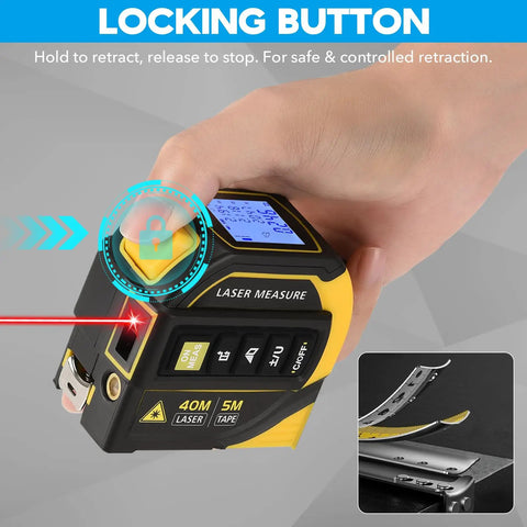 4 In 1 Laser Tape Measure All In One With 131Ft Laser Distance Meter 16Ft AutoLock Tape Cross Line Laser Level Pro Grade Dual Axis Electronic Angle LCD Display Built For DIY And Construction Projects, locking button