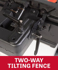 Close-up of the two-way tilting fence on the Badass Eight Inch Jointer Featuring Helical Cutterhead And Two Horsepower Motor.