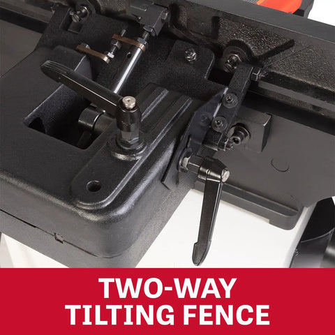 Close-up of the two-way tilting fence on the Badass Eight Inch Jointer Featuring Helical Cutterhead And Two Horsepower Motor.