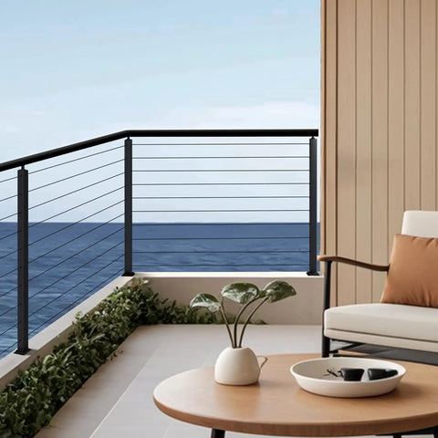 Corner Cable Railing Post With Ten L Shaped Holes Pre Drilled 36 By 2 By 2 Inches Stainless Steel Kit For Indoor Outdoor Deck And Balcony Black Finish 1 Pack installed on a balcony with ocean view