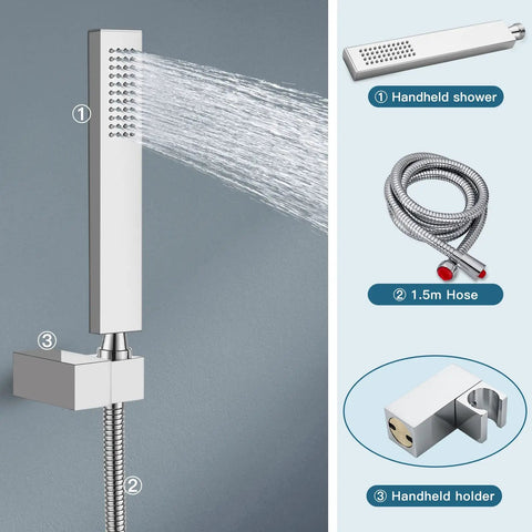 Polished Chrome Waterfall Bathtub Faucet With Wall Mount Dual Handle Brass Tub Spout Slick Handheld Shower Spray 59 Inch Hose Hot Cold Water Mixer For Modern Bathrooms handheld shower and hose details