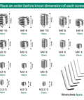 Image of Stainless Steel Cone Point Set Screws Kit with Internal Hex Drive, sizes M2.5-M8, including 6 hex wrenches.