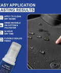 Invisible Protection Seam Sealer for Fabric 4oz PFAS Free Waterproof Sealant applied on black fabric showing water droplets