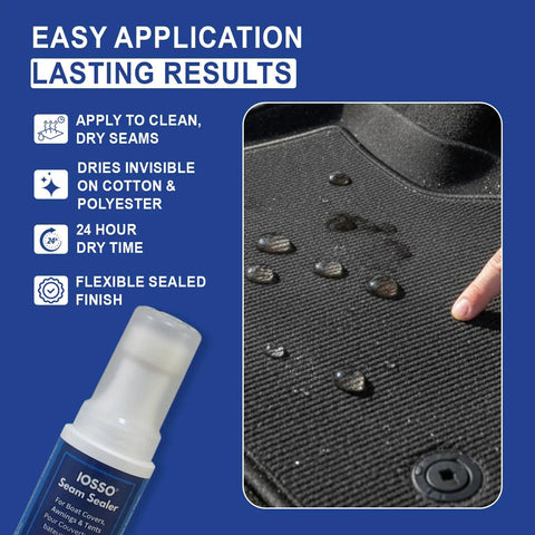Invisible Protection Seam Sealer for Fabric 4oz PFAS Free Waterproof Sealant applied on black fabric showing water droplets
