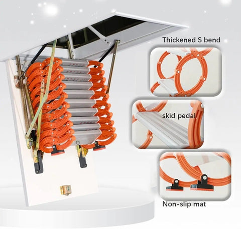 Built Like A Tank Attic Ladder With Remote Switch Ceiling Pull Down Staircase Telescoping Alloy Frame Tough Triangle Support No Sweat Setup Heavy Load Ready Smooth Glide 80 X 120 Cm with thickened S bend and skid pedal.