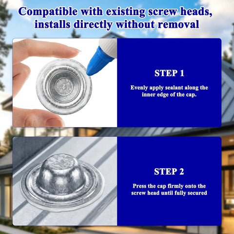 Heavy Duty Metal Roof Screw Caps 100 Pack Galvalume installation steps showing cap application and sealing process.