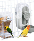 No Drama Spill Proof Bird Water Dispenser And Easy Fill Feeder Tray For Parrot Cages with colorful birds and gray accessories.