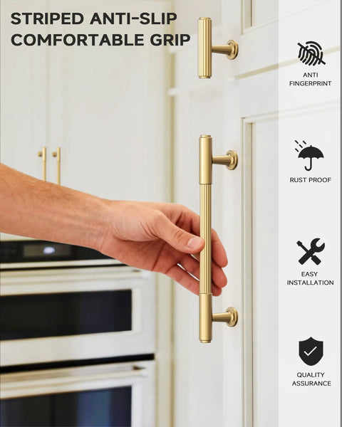 Installation of Champagne Bronze Cabinet Pulls 10 Pack 5 Inch Center to Center 6.6 Inch Overall Length on kitchen cabinets.