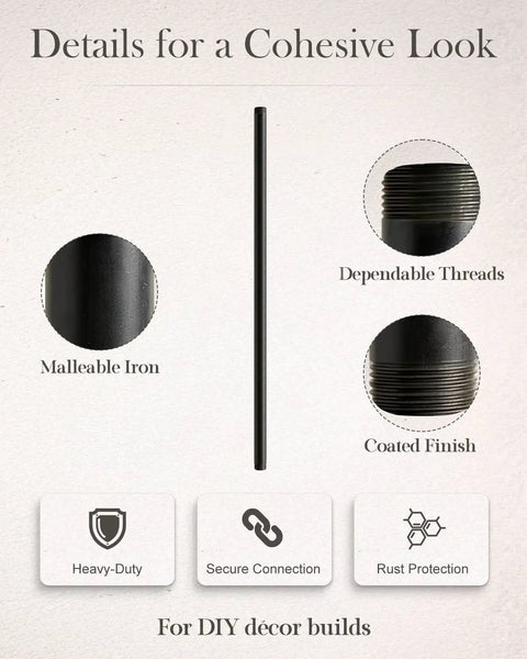 Diagram showing Three Quarters Inch Black Malleable Iron Pipe Nipples 30 Inch Long Threaded Both Ends with heavy-duty and rust protection features.