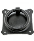 Premium Mission Style Wrought Iron Cabinet Ring Pull 2 Inch Antique Drop Handle with square mounting plate in matte black finish.