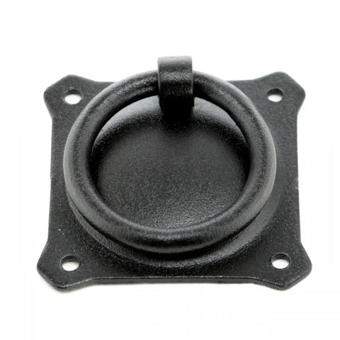 Premium Mission Style Wrought Iron Cabinet Ring Pull 2 Inch Antique Drop Handle with square mounting plate in matte black finish.