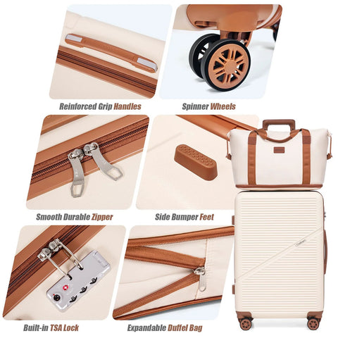 Cosbarn 5-piece ABS hard-shell luggage set with spinner wheels and TSA lock in beige with brown trim (20/24/28 inch)