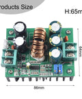 Heavy Duty DC DC Boost Converter Module 1200W Step Up Power Supply with adjustable regulators, dimensions 86mm x 64mm x 65mm.
