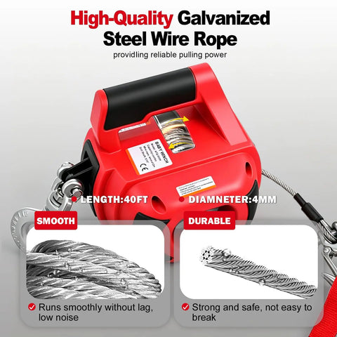 Beefy Drill Powered Portable Winch 1000 Lbs With 40 Foot Alloy Steel Wire Rope For Vehicle Recovery And Trailer Dragging Handheld Drill Winch For Easy Off Road Pulls, red body with galvanized steel rope