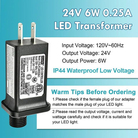 Premium 24V LED Power Supply With Eight Modes For Versatile Lighting IP44 Waterproof Class 2 Transformer 6W 0.25A Built For Christmas Lights And All Your String Light Projects Indoor And Outdoor Use Durable And Safe image of front view showing voltage details.