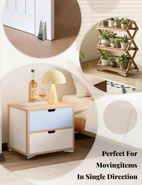 Eight Pack Nifty Low Profile Rigid Caster Wheels Slick Rollin Zero Hassle Mounting on furniture for easy movement.