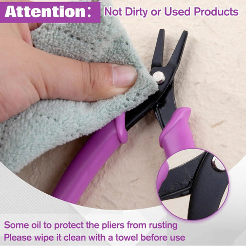 5.5 Inch Mini Flat Nose Pliers for Jewelry Making Duckbill Pliers with Smooth Jaw Bend and Straighten Wires Open Rings One Hand Spring Loaded Handy Tool for DIY Jewelry Craft, black and purple handles