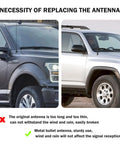 Comparison of original long antenna vs sturdy metal bullet antenna on trucks showing need for Carbon Fiber Bullet Antenna Topper
