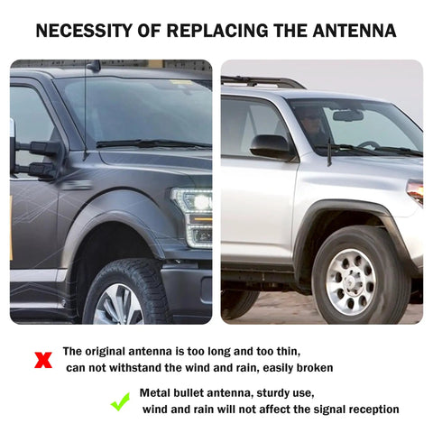 Comparison of original long antenna vs sturdy metal bullet antenna on trucks showing need for Carbon Fiber Bullet Antenna Topper