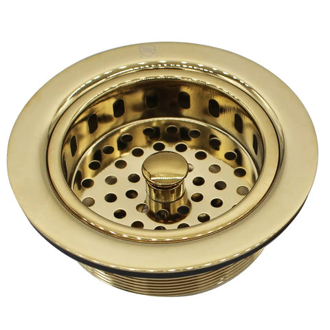 Post Style Large Kitchen Basket Strainer With Waste Disposal Flange And Stopper For Double Bowl Sinks Polished Brass Finish