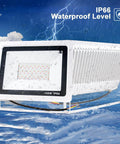 JUDYSSY 100W Led Floodlight Outdoor showing IP66 waterproof rating, ideal for outdoor lighting in wet conditions.