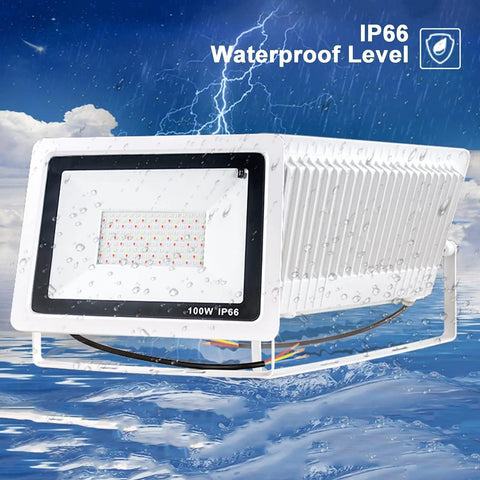 JUDYSSY 100W Led Floodlight Outdoor showing IP66 waterproof rating, ideal for outdoor lighting in wet conditions.