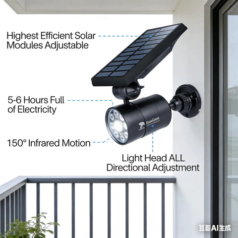 Solar Motion Flood Security Lights Outdoor Waterproof Aluminum Case With PIR Sensor And 1400LM on balcony wall