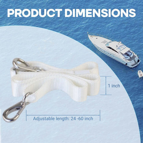 Adjustable White Bimini Top Straps 2 Pcs Marine Nylon Webbing Boat Canopy Straps with stainless steel hooks on blue background