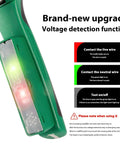 Close-up of All In One Wire Stripper And Cable Cutter showing voltage tester feature with status lights and safety notes.