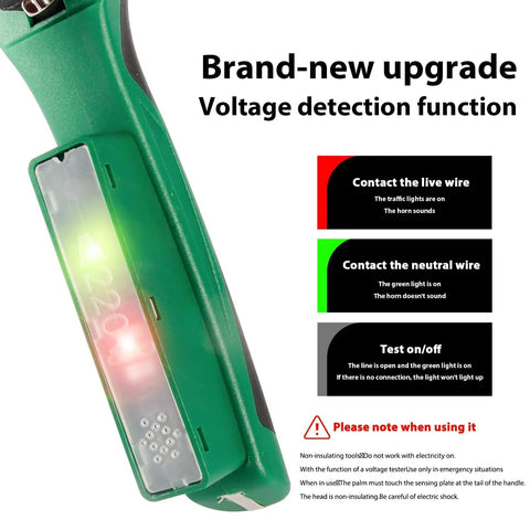 Close-up of All In One Wire Stripper And Cable Cutter showing voltage tester feature with status lights and safety notes.