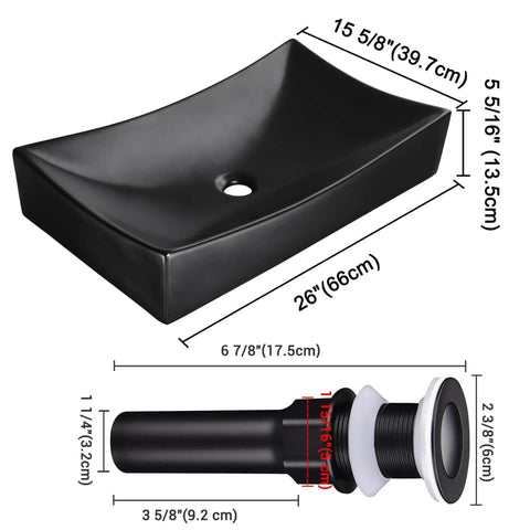 Sleek Porcelain Vessel Sink 26x15 Inches Above Counter Rectangle With Pop Up Drain Set, Black Industrial Modern Vanity Basin