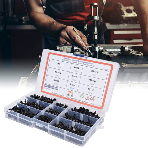 380 Pcs Self Tapping Screws Kit With Washer, Black Carbon Steel, open box showing assorted screws, workshop background.