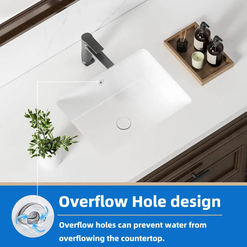 18.3 Inch Rectangular Undermount Bathroom Sink White Ceramic Porcelain With Overflow in modern bathroom setting, top view