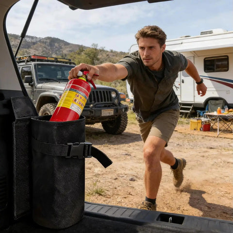 Heavy Duty Fire Extinguisher Storage Bag For Tesla Cybertruck Trunk Organizer With Quick Release Buckle to Lock Down Safety Cylinders In Your Cargo Bay So You Can Chill And Drive In Total Confidence Daily, with fire extinguisher being placed.