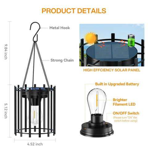 Bright Solar Lanterns Outdoor Waterproof Hangable Lights with metal hook, solar panel, and brighter LED bulb details