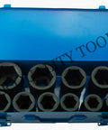 Open blue case with One Inch Drive Deep Impact Socket Set In Metric Cr V Steel, 6 Point, 22Mm To 50Mm, 10 Piece High Torque Sockets