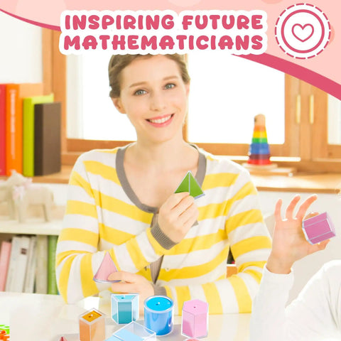 Teacher using Hands On Geometry Kit with 12 geometric solids and folding nets, multicolored 3D shapes and 2D cards for math learning.